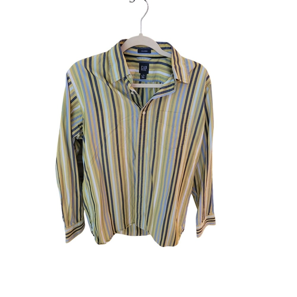 Gap Boys Button Down Shirt Yellow Blue Striped Long Sleeve Size S 14-14.5